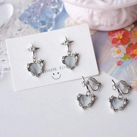Heart Rhinestone Earring Clip / On Drop FashionChic