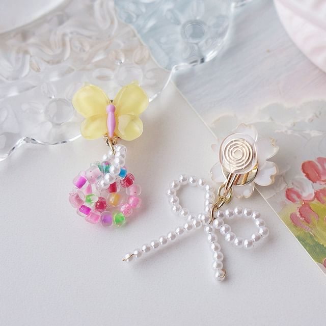 Asymmetrical Clip Beaded Earring Drop On Flower / FashionChic