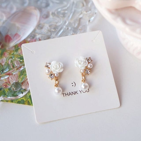 Drop Clip-On / Earring Pearl Floral Rhinestone Faux FashionChic