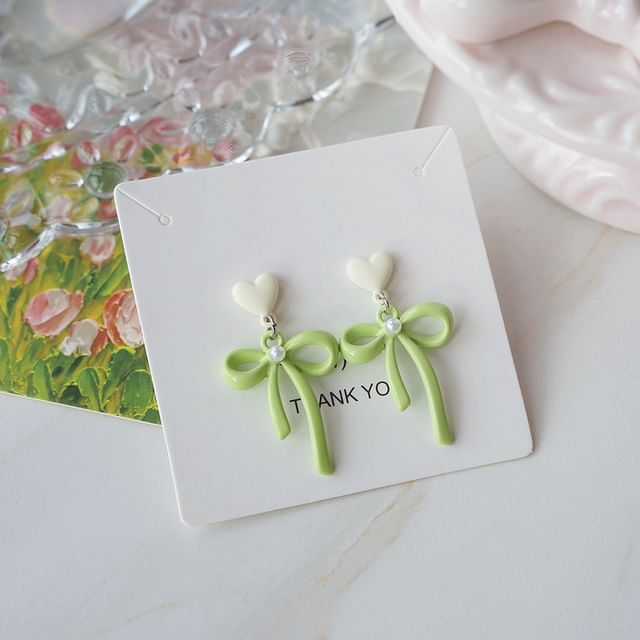 Faux Clip-On / Pearl Bow Heart Drop Earring FashionChic