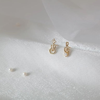 Music Stud Earring Note Asymmetrical Rhinestone Guitar Alloy FashionChic