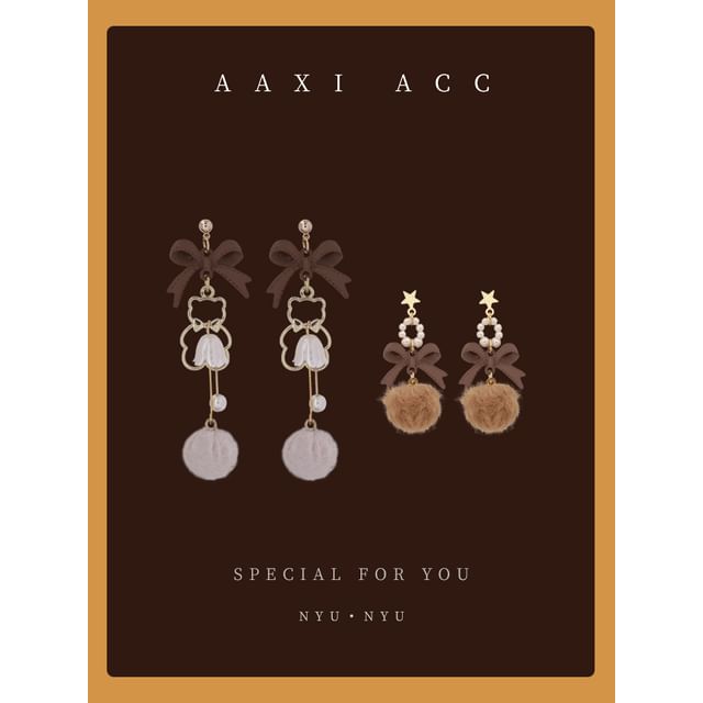 Pearl Earring / Pom Faux Bow Drop Clip-On FashionChic