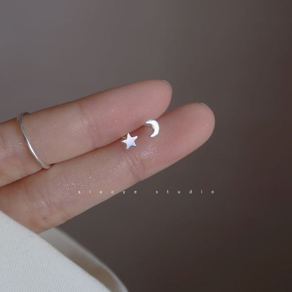 Silver Stud Asymmetrical Sterling Star Crescent Earring 925 FashionChic