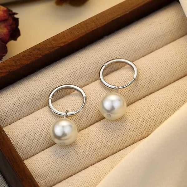 Drop Faux Sterling 925 Earring Hoop Pearl Silver FashionChic