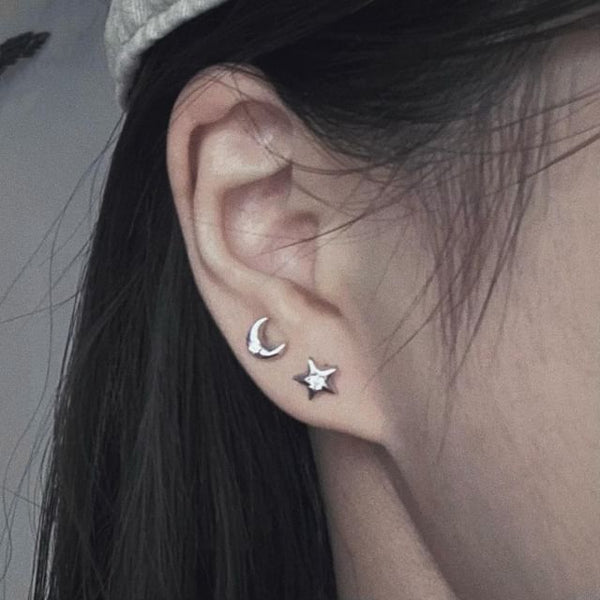 Earring Asymmetrical S999 Moon Star Silver Stud Rhinestone FashionChic