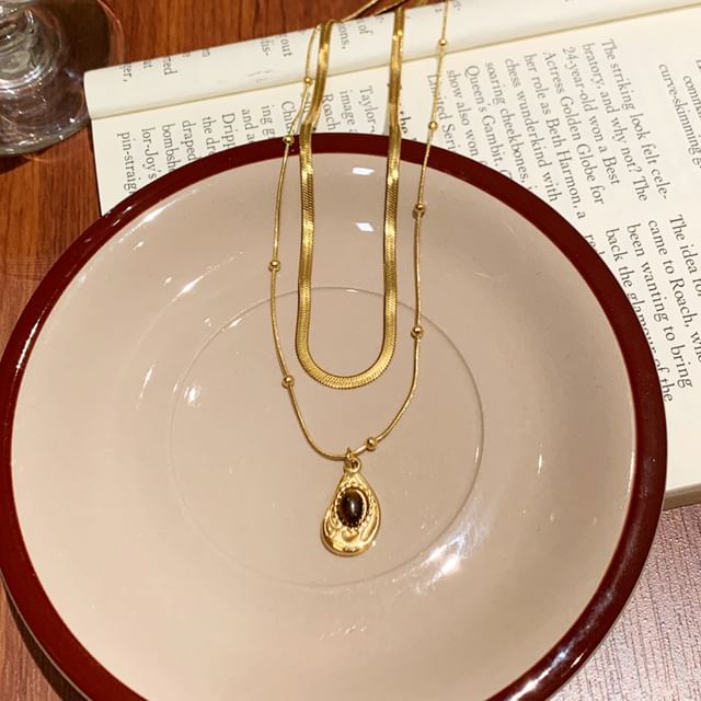 / Set Stone Pendant Necklace Snakebone FashionChic