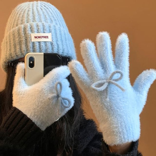 Bow Gloves Fluffy Knit FashionChic