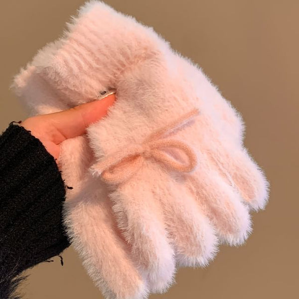 Bow Gloves Fluffy Knit FashionChic
