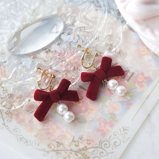Hook Bow Drop Clip-On Earring Faux / Pearl FashionChic