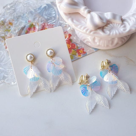Pearl Mermaid Earring Drop / Clip-On Tail Faux FashionChic