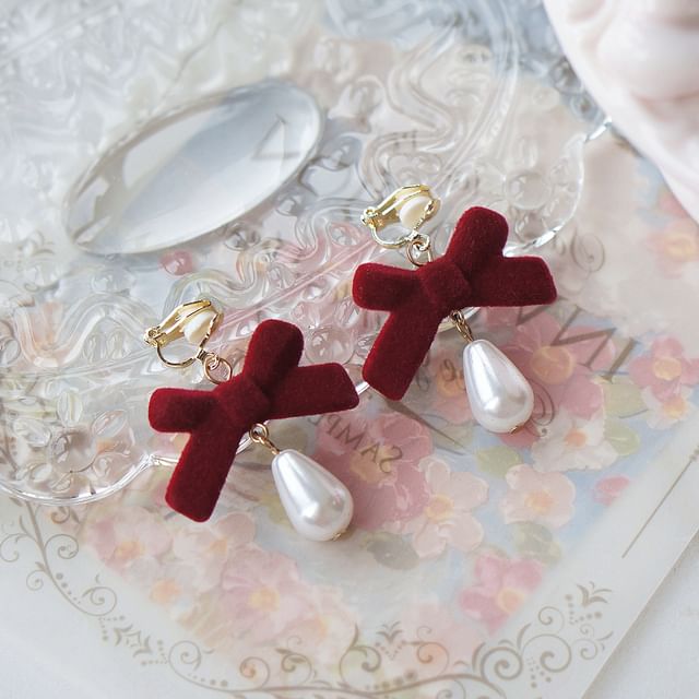 Hook Bow Drop Clip-On Earring Faux / Pearl FashionChic
