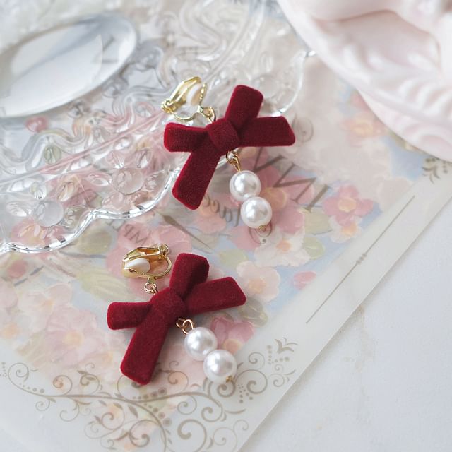 Hook Bow Drop Clip-On Earring Faux / Pearl FashionChic