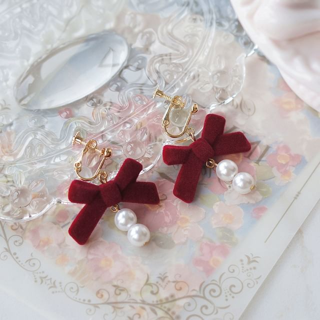 Hook Bow Drop Clip-On Earring Faux / Pearl FashionChic