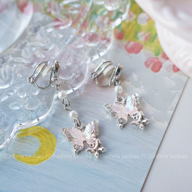 On Clip Earring Rhinestone / Butterfly Drop FashionChic
