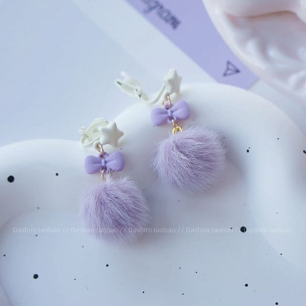 Drop Clip Pom Stud Earring On / FashionChic