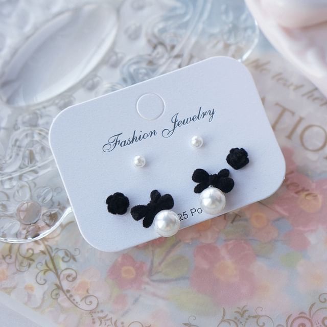 Pairs: Bow Earring Faux of Pearl 3 Set Stud Asymmetrical FashionChic