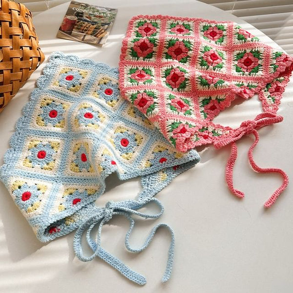 Head Scarf Triangle Plaid Floral Knit FashionChic