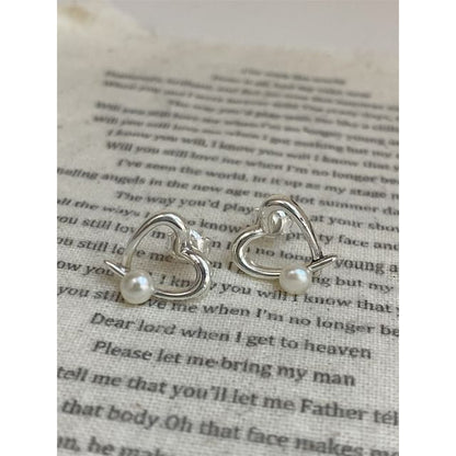Pearl Heart Stud 925 Sterling Faux Silver Earring FashionChic