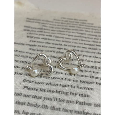 Pearl Heart Stud 925 Sterling Faux Silver Earring FashionChic