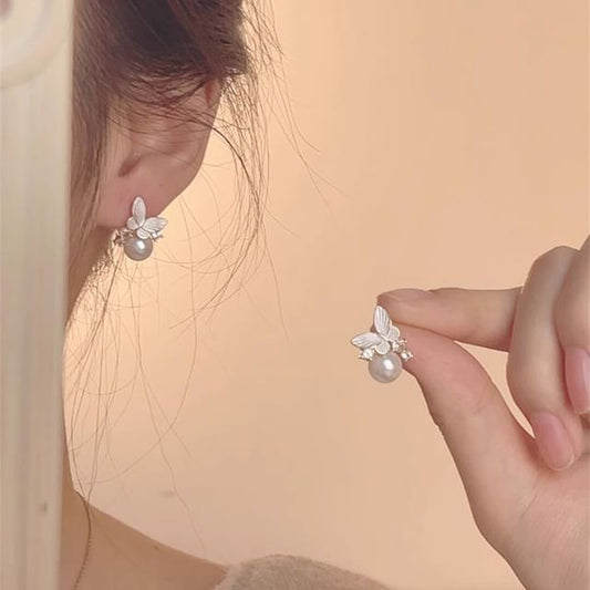 Faux Drop Pearl Alloy Earring Butterfly FashionChic
