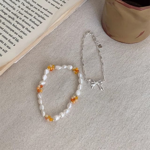 Silver Beaded Bow Sterling 925 Natural / Pearl Bracelet FashionChic