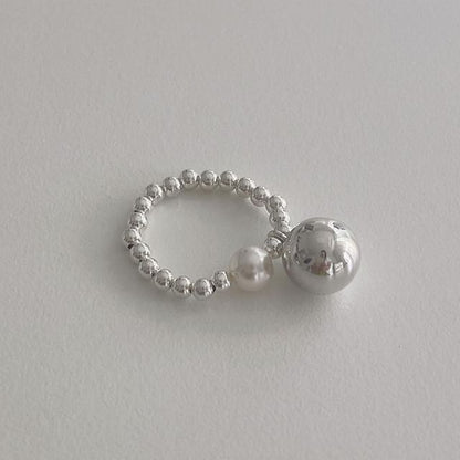 Beaded Faux Silver Sterling Elastic Pearl Ring 925 FashionChic