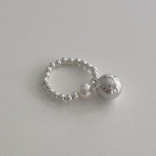 Beaded Faux Silver Sterling Elastic Pearl Ring 925 FashionChic