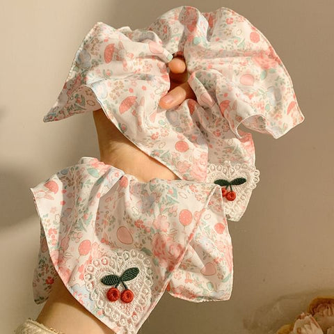 Square Applique Floral Cherry Print Scrunchie FashionChic