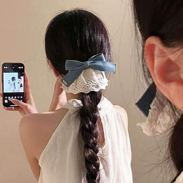 Clip Hair Denim Ruffle Panel Bow FashionChic