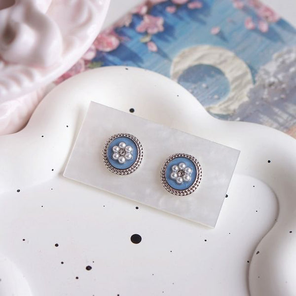 Rhinestone Flower Earring Ear Stud Clip-On / Pearl Faux FashionChic