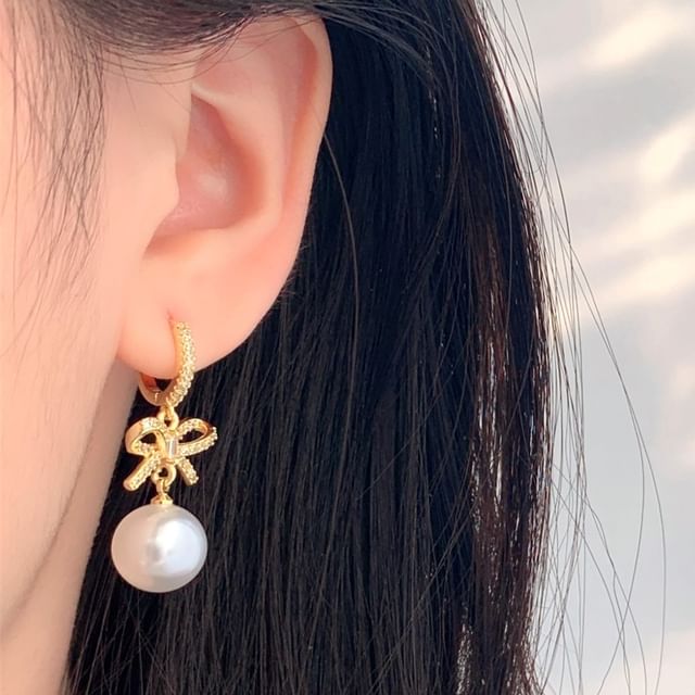 Rhinestone Earring Drop Huggie Pearl Faux Bow FashionChic