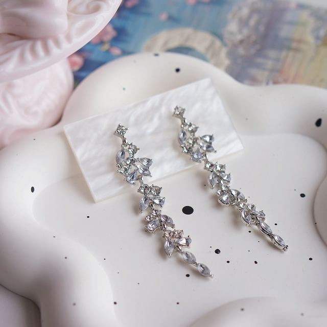 Drop Earring Clip-On Rhinestone Leaf / FashionChic