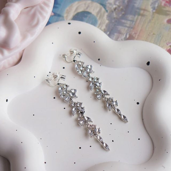 Drop Earring Clip-On Rhinestone Leaf / FashionChic