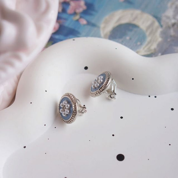 Rhinestone Flower Earring Ear Stud Clip-On / Pearl Faux FashionChic