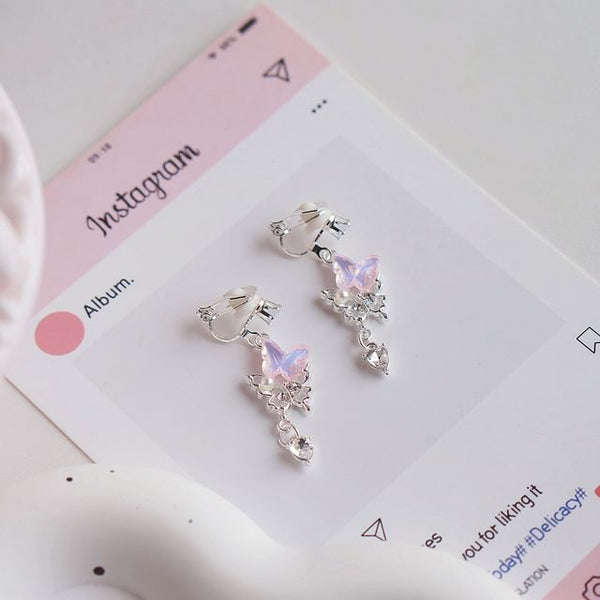 Clip-On Butterfly / Rhinestone Drop Pearl Earring Faux FashionChic