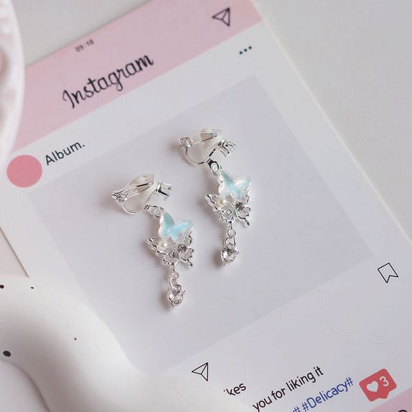 Clip-On Butterfly / Rhinestone Drop Pearl Earring Faux FashionChic