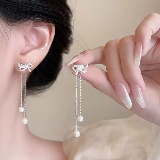 Pearl Bowknot Faux Earring Dangle Rhinestone FashionChic