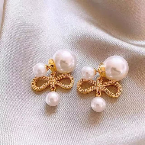 Pearl Bow Drop Alloy Earring Faux FashionChic