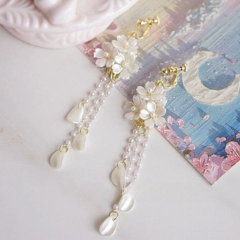 Clip-On / Earring Sterling 925 Flower Drop Silver Pearl Faux FashionChic