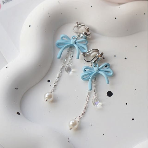 Silver Drop Sterling / Faux Pearl Clip-On 925 Bow Earring FashionChic