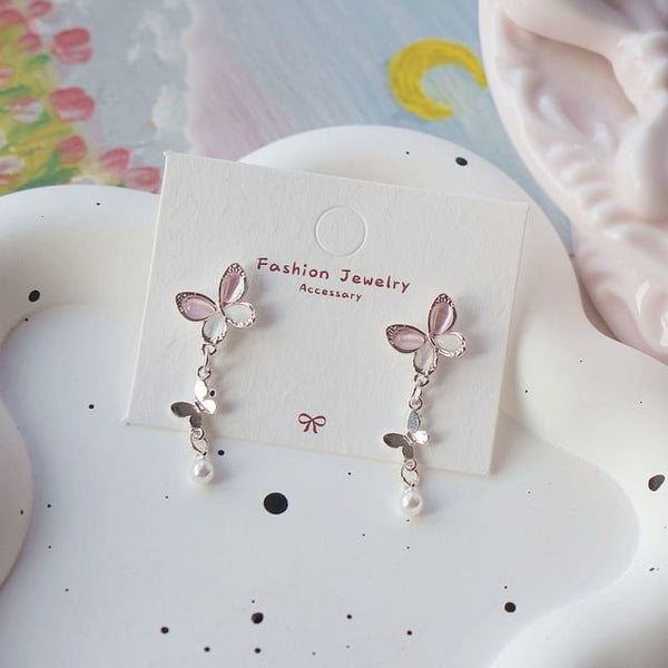 Drop Faux Sterling / Pearl Earring 925 Silver Butterfly Clip-On FashionChic
