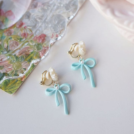 Silver Earring Drop Clip-On 925 / Flower Bow Sterling FashionChic