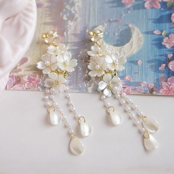 Clip-On / Earring Sterling 925 Flower Drop Silver Pearl Faux FashionChic