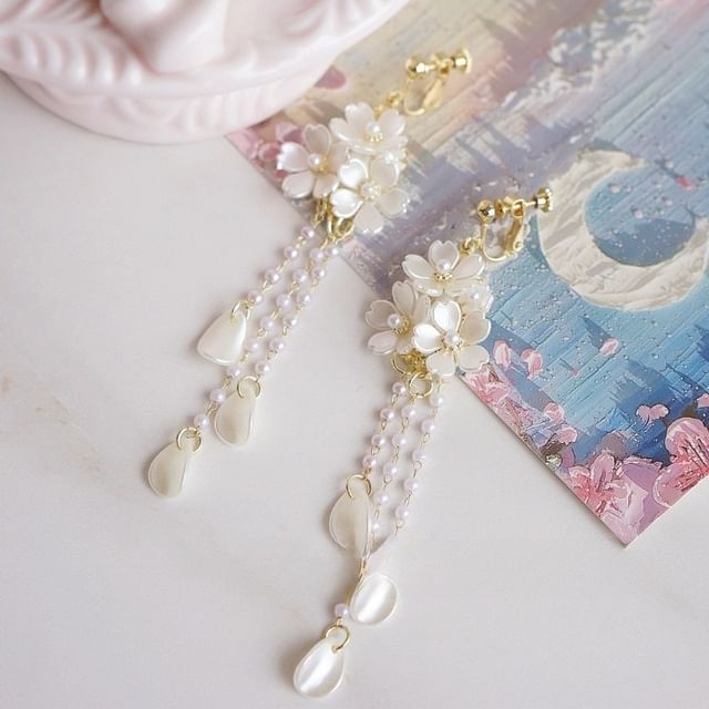 Clip-On / Earring Sterling 925 Flower Drop Silver Pearl Faux FashionChic