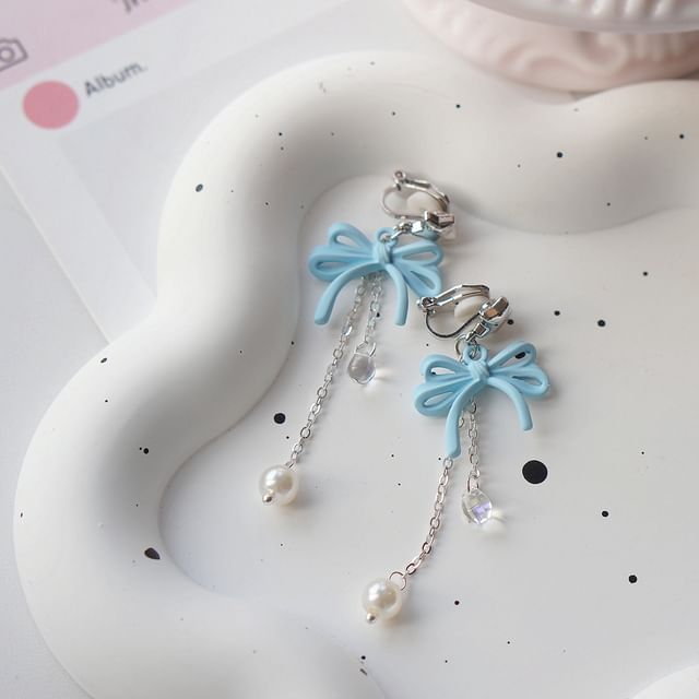 Silver Drop Sterling / Faux Pearl Clip-On 925 Bow Earring FashionChic