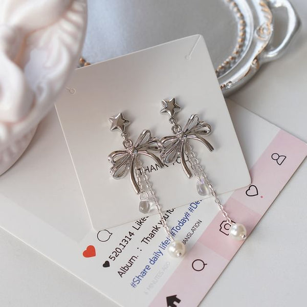 Silver Drop Sterling / Faux Pearl Clip-On 925 Bow Earring FashionChic