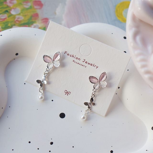 Drop Faux Sterling / Pearl Earring 925 Silver Butterfly Clip-On FashionChic