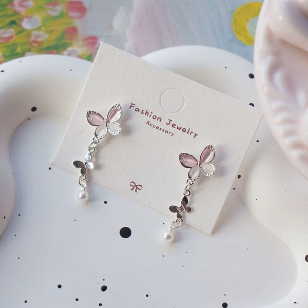 Drop Faux Sterling / Pearl Earring 925 Silver Butterfly Clip-On FashionChic