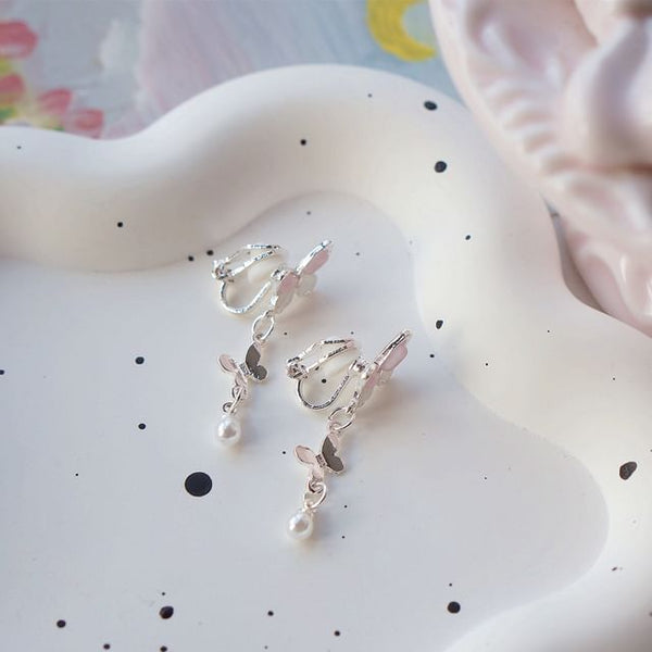 Drop Faux Sterling / Pearl Earring 925 Silver Butterfly Clip-On FashionChic