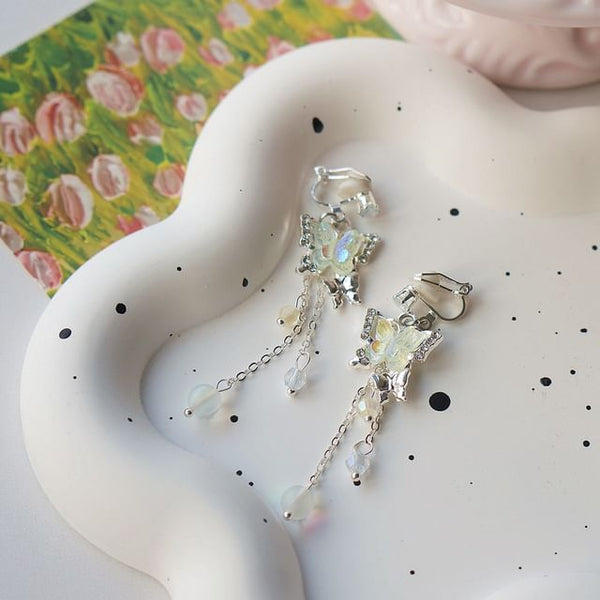 Butterfly Earring / Clip-On Bead Sterling 925 Silver Drop FashionChic